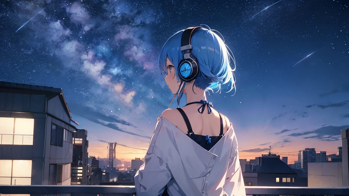 Building roof　Blue Hair、、The starry sky fills the screen.、Girl&#39;s back view。Woman wearing headphones 4k, sad,、Bowwater&#39;Art Style、Beautiful digital illustrations、Beautiful character drawings、Stunning Anime Face Portrait Mikudayo, Official artwork, LOFI Girl, Appreciate the Art Style,, Halfbeak, Anime atmosphere, A mix of anime style and Fujifilm, Digital anime illustration, anime wallpaper 4k　Girl with headphones Blue Hair Woman　Put on headphones;　　　High resolution　high quality　Beautiful and realistic sky　The sky is the main character　Back view　Back view　The scenery is the main thing　The scenery is the main thing　Emotional　lofi old camera film　deep　3d