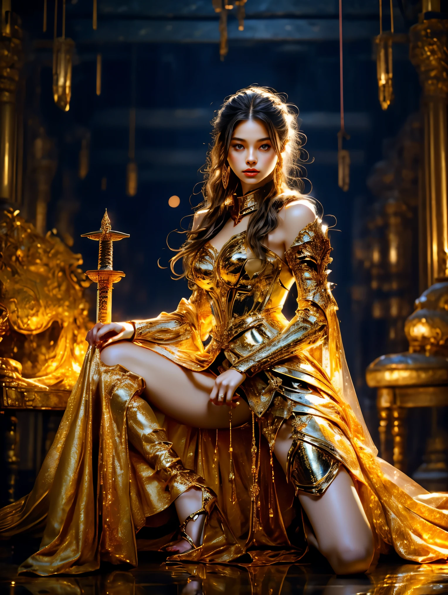 Painting of a woman in armor holding a sword，Golden Armor，Beautiful female knight，Light gold，Gold Obsidian Armor，golden goddess athena，Smooth golden armor，(Knee Shot:1.5)，Sexy，blue eyes，Extra large breasts，Pointy huge breasts gorgeous jewelry，Lips slightly open，Keep your lips elegant and charming，(blush)，Contempt，Calm and handsome，oc rendering reflection texture，Sexy风格，Medieval Castle Background，Slim body，Very small waist，(erect nipples see trough dress)，masterpiece，best quality，high resolution，8K，original photo，real picture，Digital Photography，(UHD, anatomically correct, textured skin, ccurate, award winning)