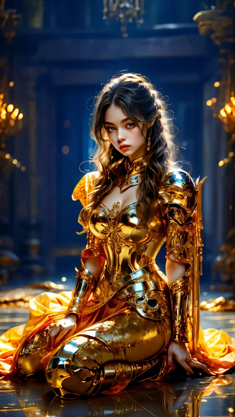 Painting of a woman in armor holding a sword，Golden Armor，Beautiful female knight，Light gold，Gold Obsidian Armor，golden goddess athena，Smooth golden armor，(Knee Shot:1.5)，Sexy，blue eyes，Extra large breasts，Pointy huge breasts gorgeous jewelry，Lips slightly...