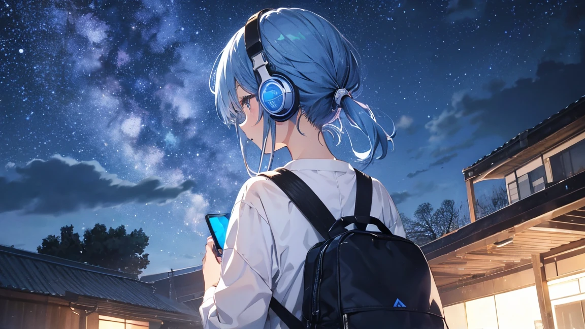 Building roof　Blue Hair、、The starry sky fills the screen.、Girl&#39;s back view。Woman wearing headphones 4k, sad,、Bowwater&#39;Art Style、Beautiful digital illustrations、Beautiful character drawings、Stunning Anime Face Portrait Mikudayo, Official artwork, LOFI Girl, Appreciate the Art Style,, Halfbeak, Anime atmosphere, A mix of anime style and Fujifilm, Digital anime illustration, anime wallpaper 4k　Girl with headphones Blue Hair Woman　Put on headphones;　　　High resolution　high quality　Beautiful and realistic sky　The sky is the main character　Back view　Back view　The scenery is the main thing　The scenery is the main thing　Emotional　lofi old camera film　deep　3d