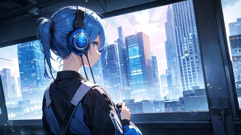 Building roof　Blue Hair、、The starry sky fills the screen.、女の子のBack view。Woman wearing headphones 4k, sad,、Bowwater&#39;Art Style...