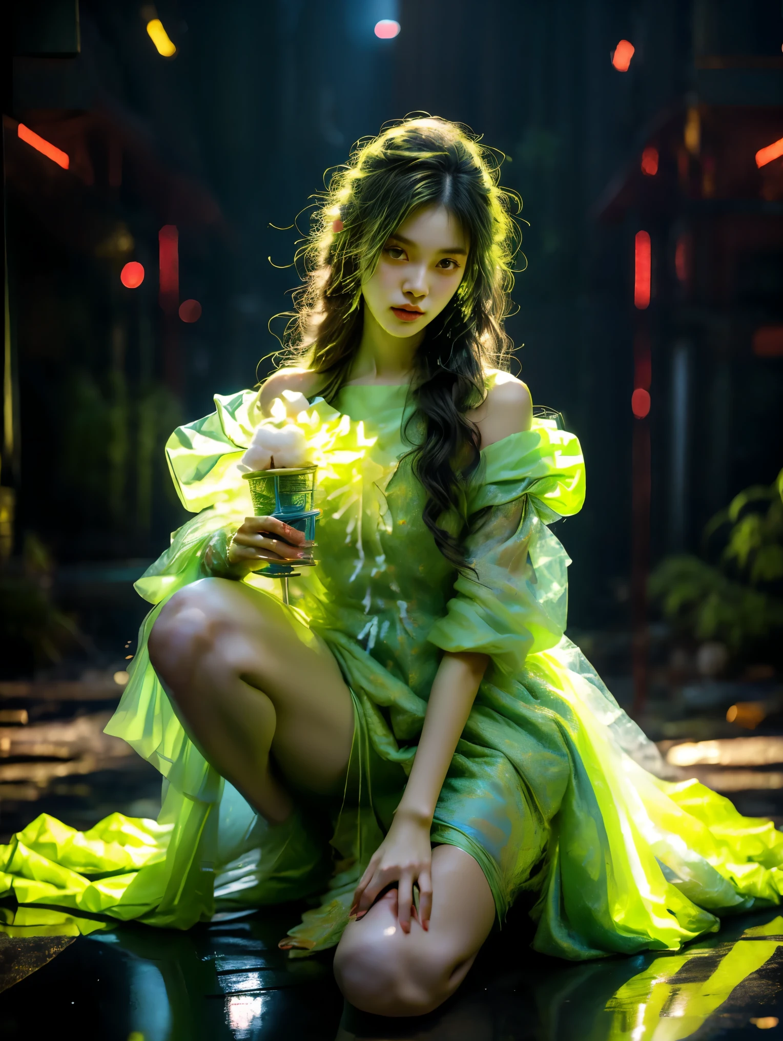 Coelhinha asiática, usando um vestido verde fluorescente, textura líquida, ciberpunk, Estilo Final Fantasy, características faciais requintadas, segurando algodão doce，(tiro no joelho:1.5)，Obra de arte，melhor qualidade，alta resolução，8K，foto original，imagem real，Fotografia digital，(Ultra HD, anatomicamente correto, pele texturizada, preciso, premiado), 1lltnh1