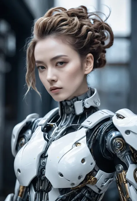 Close-up of a woman in a suit with a strange hairstyle, porcelain robot, complex mechanical body, porcelain robot armor, beautif...