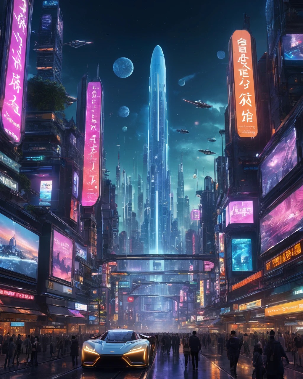 (best quality,4k,8k,highres,masterpiece:1.2),ultra-detailed,(realistic,photorealistic,photo-realistic:1.37),retro-futuristic,robots,cityscape,flying cars,dystopian future,advanced technology,vibrant colors,vintage aesthetic,people dressed in futuristic fashion,impressive architectural structures,hovering platforms,lush greenery,dominated by sleek metal and glass,neon lights illuminating the city,powerful searchlights piercing through the night sky,intricate vehicle designs,imposing skyscrapers reaching the clouds,immaculate street cleanliness,giant holographic advertisements,unique transportation systems,bustling crowd of people,utopian atmosphere with a hint of underlying tension,impressive engineering feats,smooth and shiny surfaces,endless sky filled with aircrafts,large digital billboards displaying futuristic artwork,lively atmosphere with sounds of bustling streets and futuristic technologies,prominent artist signatures in the style of Craig Mullins, Ruan Jia, and Emil Melmoth.