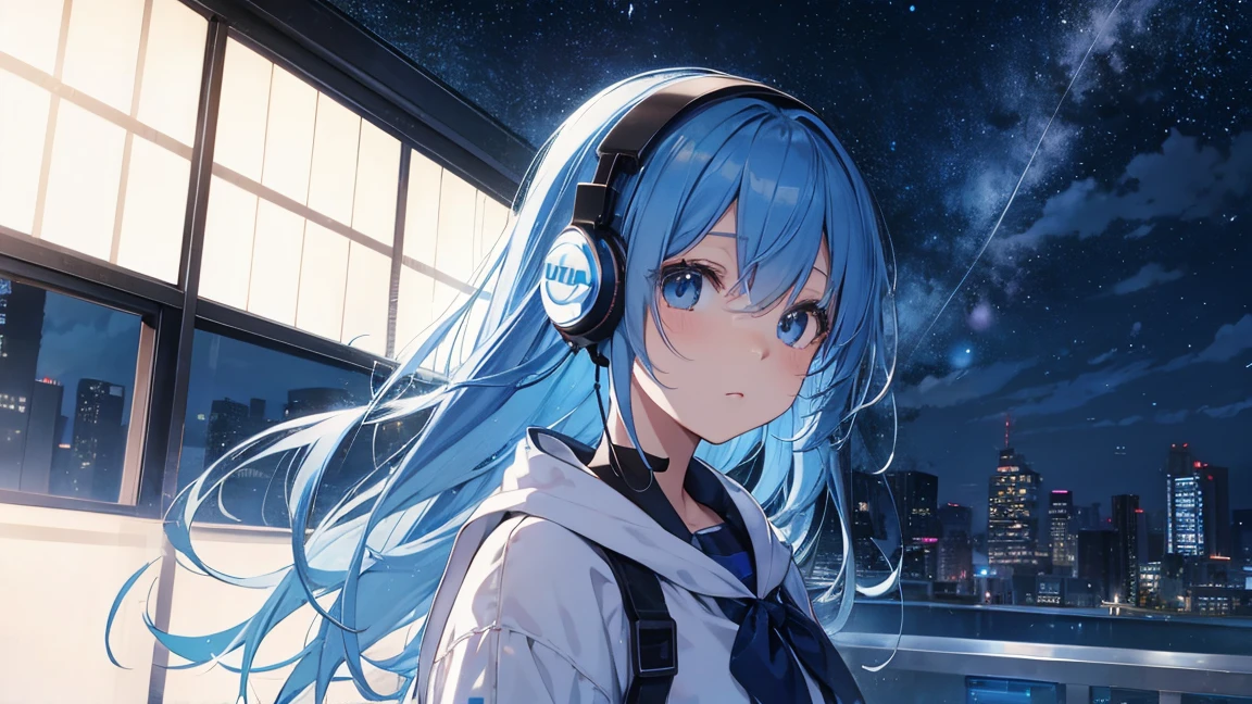 Building roof　Blue Hair、、The starry sky fills the screen.、girl。Woman wearing headphones 4k, sad,、Bowwater&#39;Art Style、Beautiful digital illustrations、Beautiful character drawings、Stunning Anime Face Portrait Mikudayo, Official artwork, LOFI Girl, Appreciate the Art Style,, Halfbeak, Anime atmosphere, A mix of anime style and Fujifilm, Digital anime illustration, anime wallpaper 4k　Girl with headphones Blue Hair Woman　Put on headphones;　　　High resolution　high quality　Beautiful and realistic sky　The sky is the main character　　The scenery is the main thing　The scenery is the main thing　Emotional　lofi old camera film　deep　3d