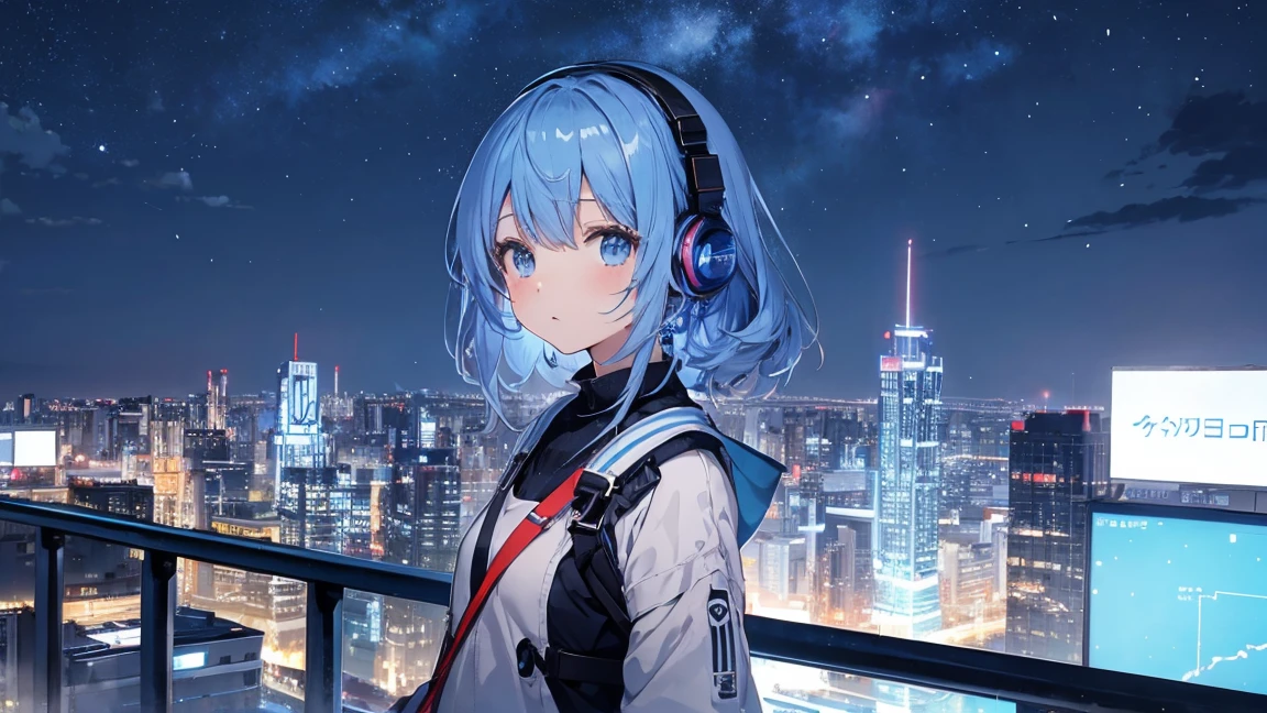 Building roof　Blue Hair、、The starry sky fills the screen.、girl。Woman wearing headphones 4k, sad,、Bowwater&#39;Art Style、Beautiful digital illustrations、Beautiful character drawings、Stunning Anime Face Portrait Mikudayo, Official artwork, LOFI Girl, Art Styleを鑑賞,, Halfbeak, Anime atmosphere, A mix of anime style and Fujifilm, Digital anime illustration, anime wallpaper 4k　ヘッドフォンをつけた少女 Blue Hairの女性　Put on headphones;　　　High resolution　high quality　Beautiful and realistic sky　The sky is the main character　　The scenery is the main thing　The scenery is the main thing　Emotional　lofi old camera film　deep　3D