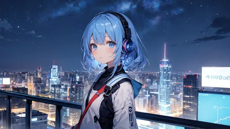 Building roof　Blue Hair、、The starry sky fills the screen.、girl。Woman wearing headphones 4k, sad,、Bowwater&#39;Art Style、Beautifu...