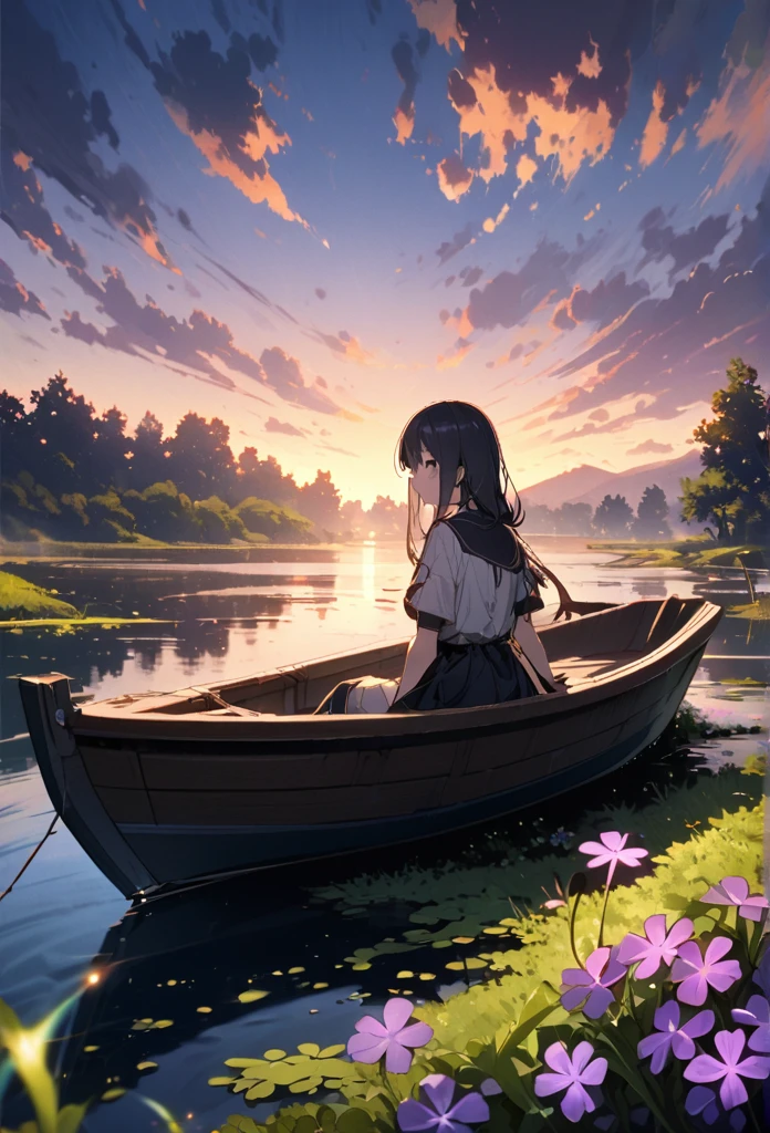 Calm spring night landscape, amongst lush greenery, beautiful view, creeping phlox in full bloom, creeping phlox, sunrise sky, beautiful clouds, dappled sunlight, outdoors, Tranquil Lake, Soraka sitting inside Boat on a Lake, depth of field, masterpiece, best quality, ultra-detailed, very aesthetic, illustration, perfect composition, intricate details, absurdres, moody lighting, wisps of light divine ✨️, perfect lighting illustration illumination