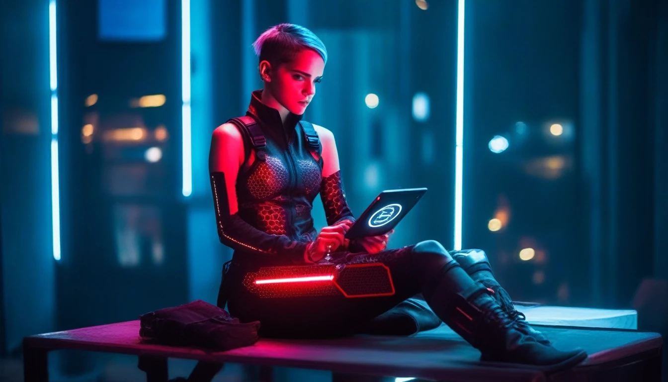 A young female hacker sitting in a cyberpunk hackerspace with large windows in a cyberpunk metropolis facing the viewer, right arm resting on her waist, left arm held forward holding a transparent smart tablet, short silverwhite undercut haircut, immaculate skin, thoughtful look on her face, sweat on her skin, full lips, small breasts, legs crossed, fullbody black and red skintight cyberpunk underarmor with intricate hexagon pattern, synthetic utility vest with attached wearable computer, black leather utility belt with multimeter and some probes attached, thigh high black latex boots, cutoff gloves, no makeup, natural fingernails, emma watson, edgFut_clothing, neons, electric circuits