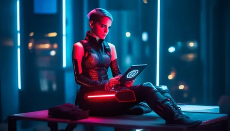 A young female hacker sitting in a cyberpunk hackerspace with large windows in a cyberpunk metropolis facing the viewer, right a...