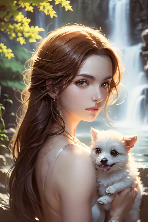 there is a woman holding a dog in front of a waterfall, a detailed painting by Magali Villeneuve, trending on cg society, fantas...