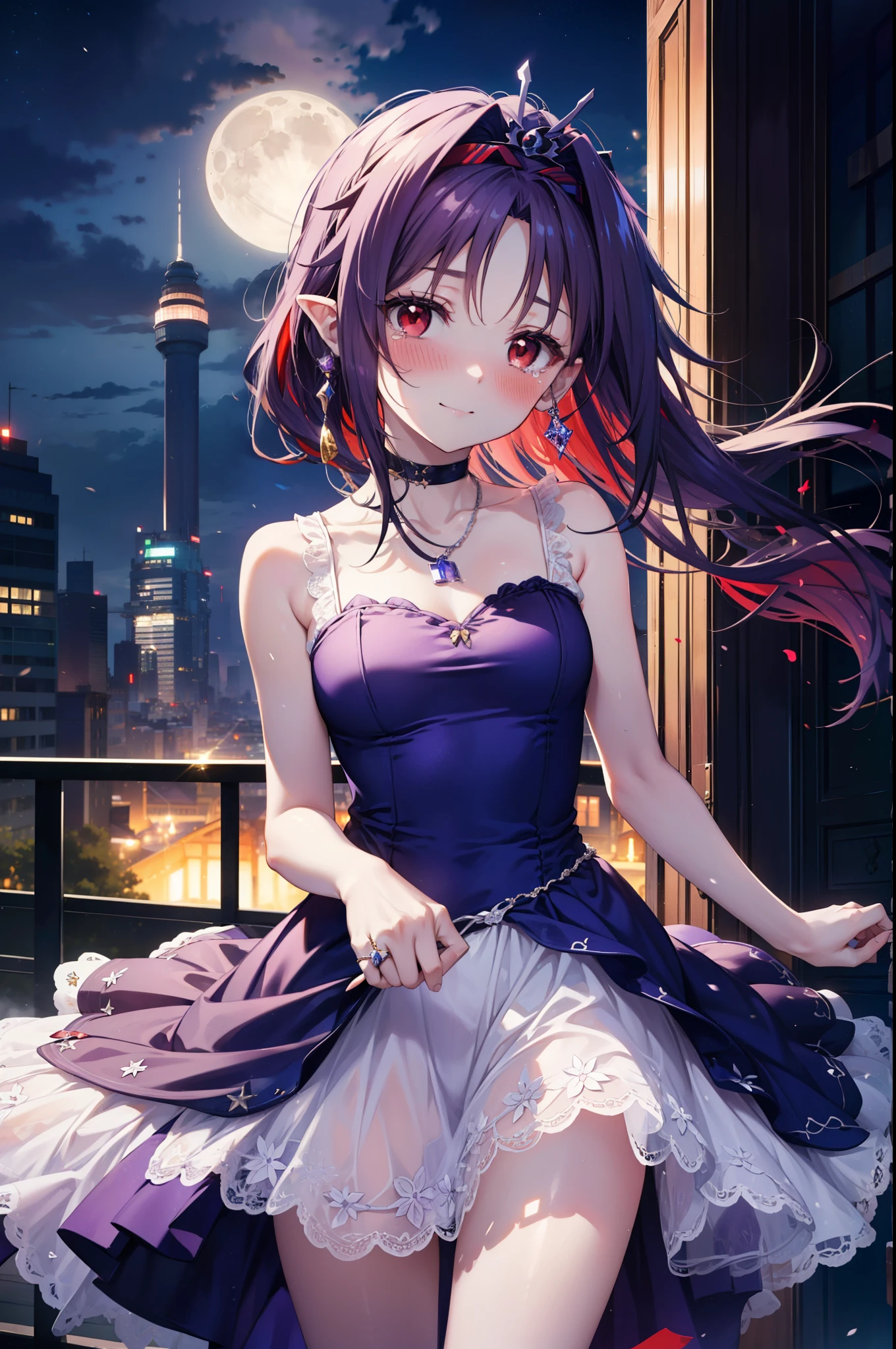 yuukikonno, Konno Yuuki,Long Hair, tiara,Pointed Ears, Purple Hair, (Red eyes:1.5), (Small breasts:1.2), smile,Purple Dress,Purple Long Skirt,Purple stiletto heels,Sleeveless,Expose your shoulders,Bare arms,Bare neck,bare clavicle,He is wearing a wedding ring on his left hand, held out in front of him,Heart Necklace,Tears stream down her face,Tears of joy,I cry a lot,Romantic night view,moonlight,
break outdoors, hill,
break looking at viewer, (Cowboy Shot:1.5),
break (masterpiece:1.2), highest quality, High resolution, unity 8k wallpaper, (shape:0.8), (Beautiful details:1.6), Highly detailed face, Perfect lighting, Extremely detailed CG, (Perfect hands, Perfect Anatomy),