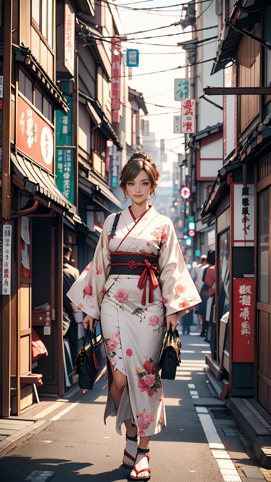 masterpiece, highest quality, 8k, Photographic reality, Realistic, Octane Rendering, Busy streets of Japan (1 female: 1.4), (There&#39;s only one woman on screen: 1.3), (White shirt), (Long golden hair), (Hip wrap skirt), (blue eyes) Upper body display、smile