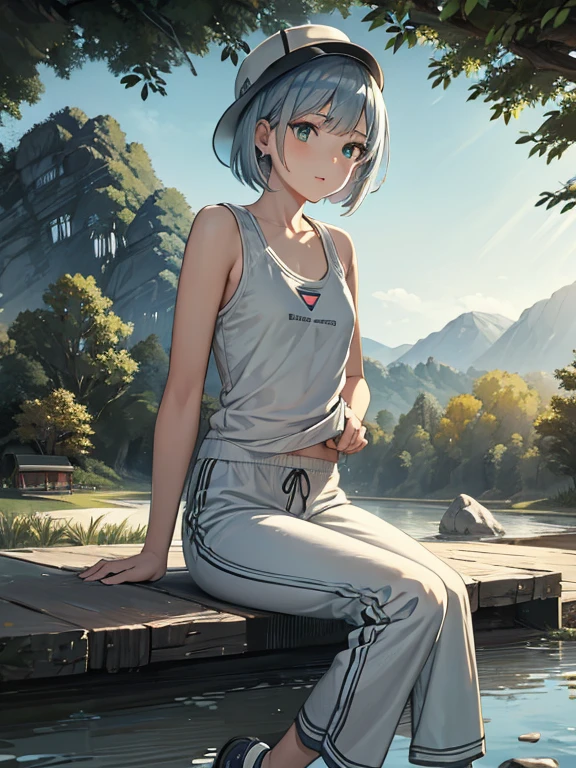 cute, masterpiece, highest quality, High resolution,,A girl sitting on the riverbank, alone,Silver Hair, Small earrings Bob cut hair, Sports Style,outside,Artistic,An illustration,Pants Style,Line art,Aqua Eye,morning,Best lighting,sun,Girl in sportswear,Girl in a hat,Girl in running shoes,clavicle,expensive,Flat Chest