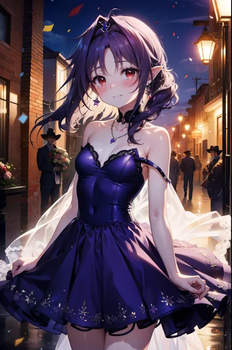 yuukikonno, konno yuuki,long hair, tiara,pointed ears, purple hair, (red eyes:1.5), (small breasts:1.2), smile,purple dress,purp...