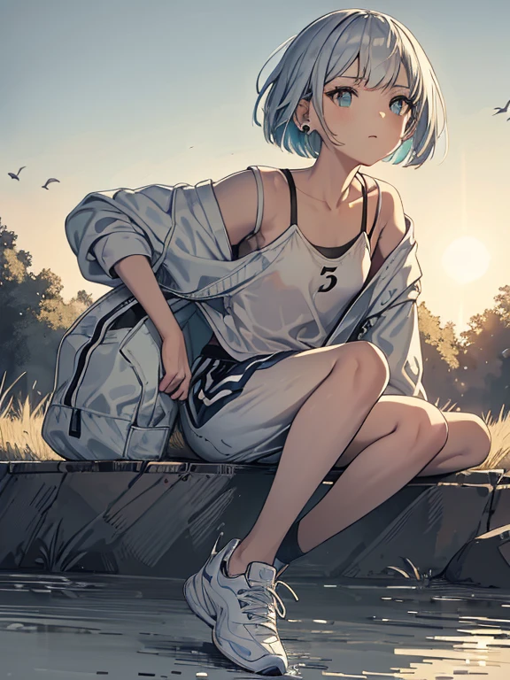 cute, masterpiece, highest quality, High resolution,,A girl sitting on the riverbank, alone,Silver Hair, Small earrings Bob cut hair, Sports Style,outside,Artistic,An illustration,Pants Style,Line art,Aqua Eye,morning,Best lighting,sun,Girl in sportswear Girl in running shoes,clavicle,expensive,Flat Chest