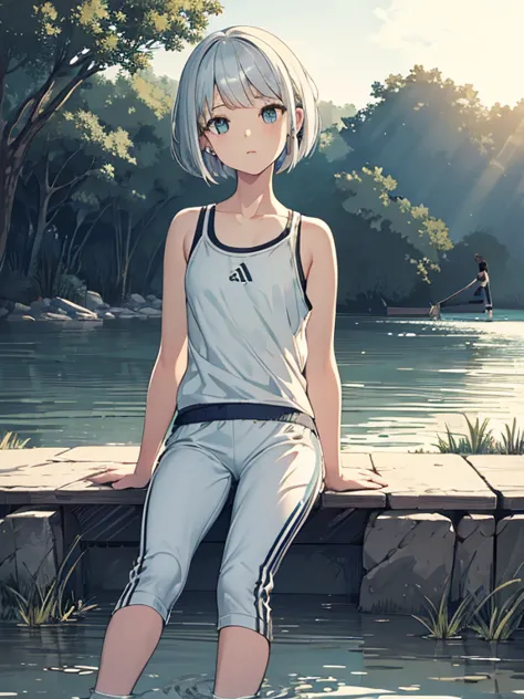 cute, masterpiece, highest quality, high resolution,,a girl sitting on the riverbank, alone,silver hair, small earrings bob cut ...