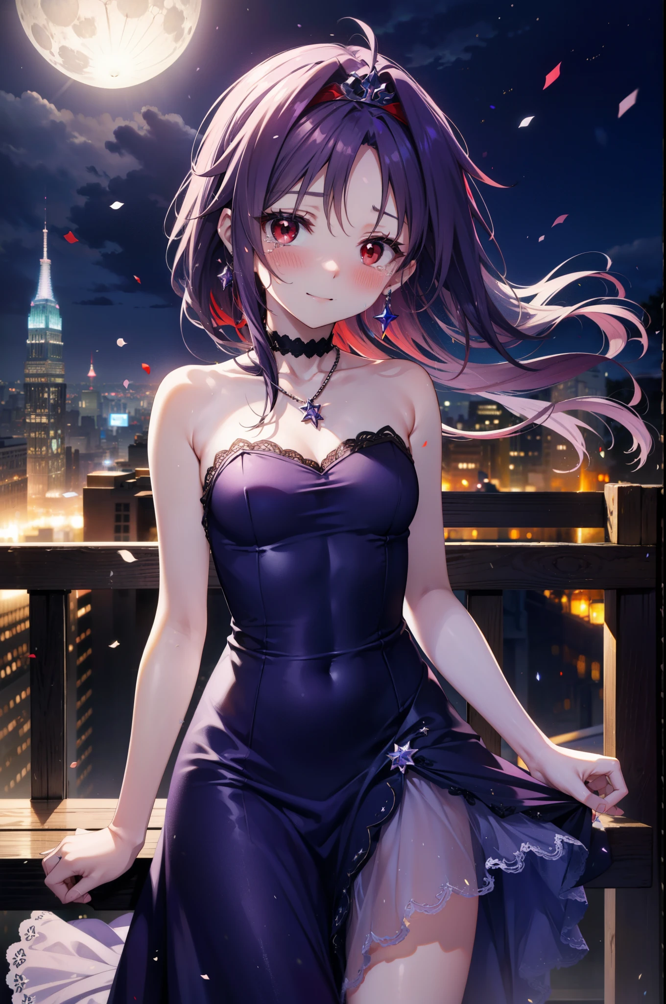 yuukikonno, Konno Yuuki,Long Hair, tiara,Pointed Ears, Purple Hair, (Red eyes:1.5), (Small breasts:1.2), smile,Purple Dress,Purple Long Skirt,Purple stiletto heels,Sleeveless,Expose your shoulders,Bare arms,Bare neck,bare clavicle,He is wearing a wedding ring on his left hand, held out in front of him,Heart Necklace,Tears stream down her face,Tears of joy,I cry a lot,Confetti,Romantic night view,moonlight,
break outdoors, hill,
break looking at viewer, (Cowboy Shot:1.5),
break (masterpiece:1.2), highest quality, High resolution, unity 8k wallpaper, (shape:0.8), (Beautiful details:1.6), Highly detailed face, Perfect lighting, Extremely detailed CG, (Perfect hands, Perfect Anatomy),