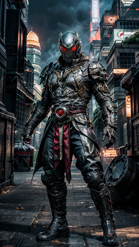 A man wearing a full-face helmet, a fantasy-style biomecha armored combat suit, green eyes, a composite layered chest armor, ful...