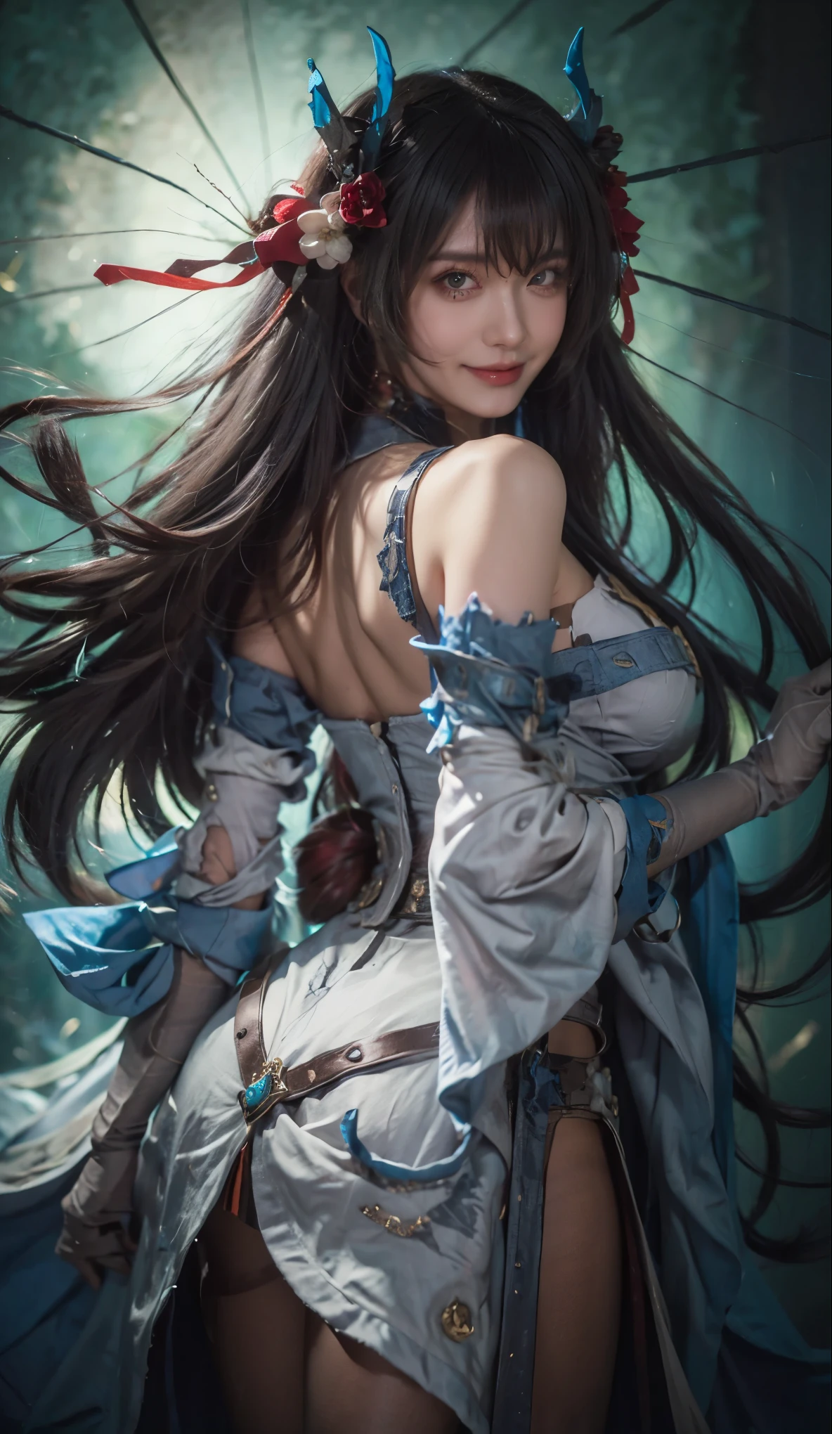 best quality, masterpiece, realistic, photorealistic, 1girl, solo, looking at viewer, smile, standing, cowboy shot, bronya cosplay costume, cosplay, grey hair, long hair, drill hair, dress, detached sleeves, jewelry, gloves, elbow gloves, gauntlets, pantyhose, black pantyhose, simple background, grey background, 