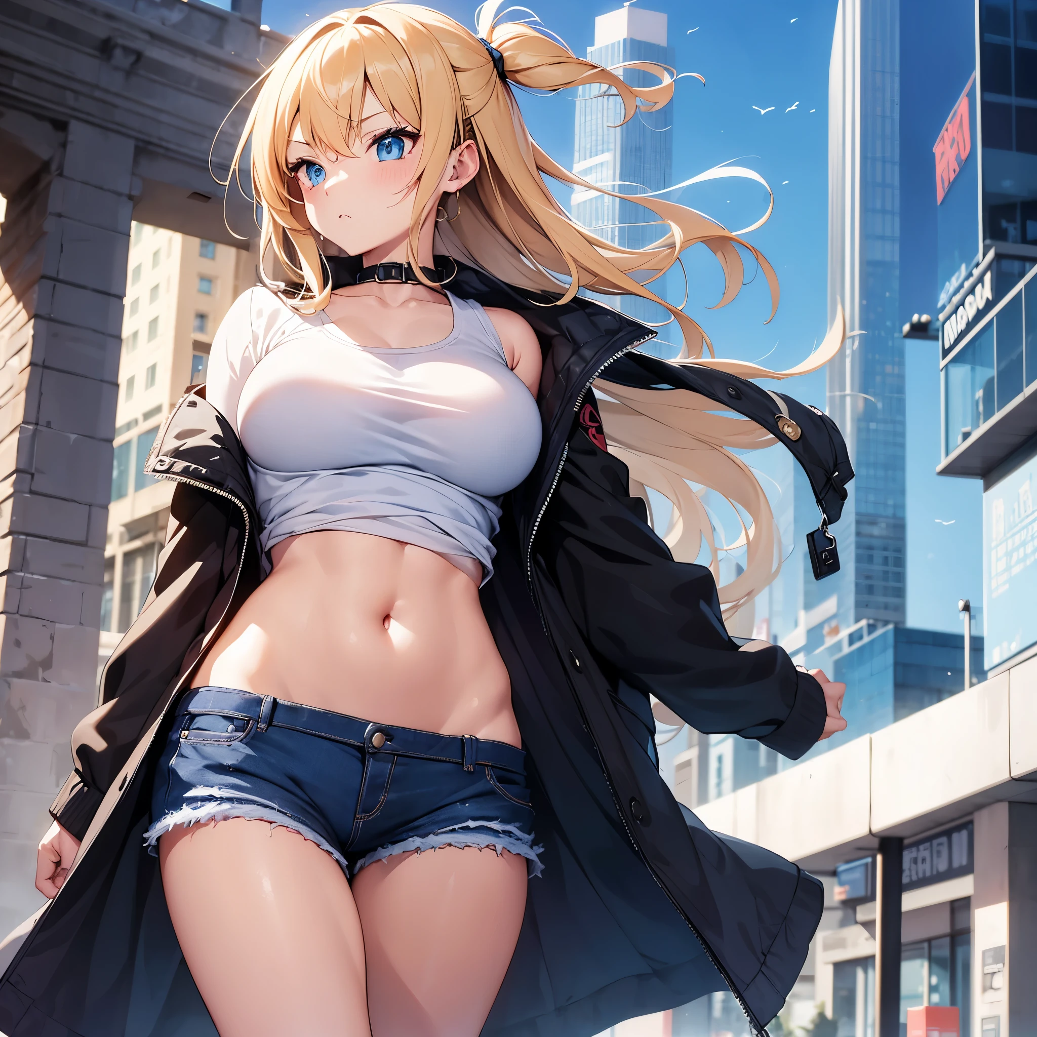 estilo anime 2D、olhos azuis、seios são um pouco maiores、Uma mulher adulta e legal com cabelo loiro curto e espetado e uma expressão de raiva.........、Vestindo shorts e um casaco comprido com pelo、Ela usa uma moda que mostra sua barriga、segure a bolsa na mão direita。.。.、Segure o smartphone na mão esquerda,Andando pela cidade sozinho,