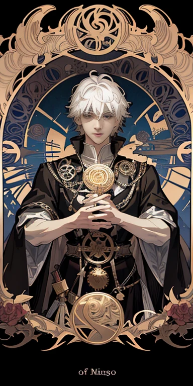 Masterpiece, Superior Quality, teenage boy, white hair, black gray eyes, mischievous, evil, sinister, carnival lighting, Tarot, Poet, Court of Fools, Symbolism, Visual Arts, Occult, Universal, Vision Casting, Philosophy, Iconography , Numerology, Popularity, Art, Alphonse Mucha