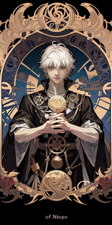 Masterpiece, Superior Quality, teenage boy, white hair, black gray eyes, mischievous, evil, sinister, carnival lighting, Tarot, ...