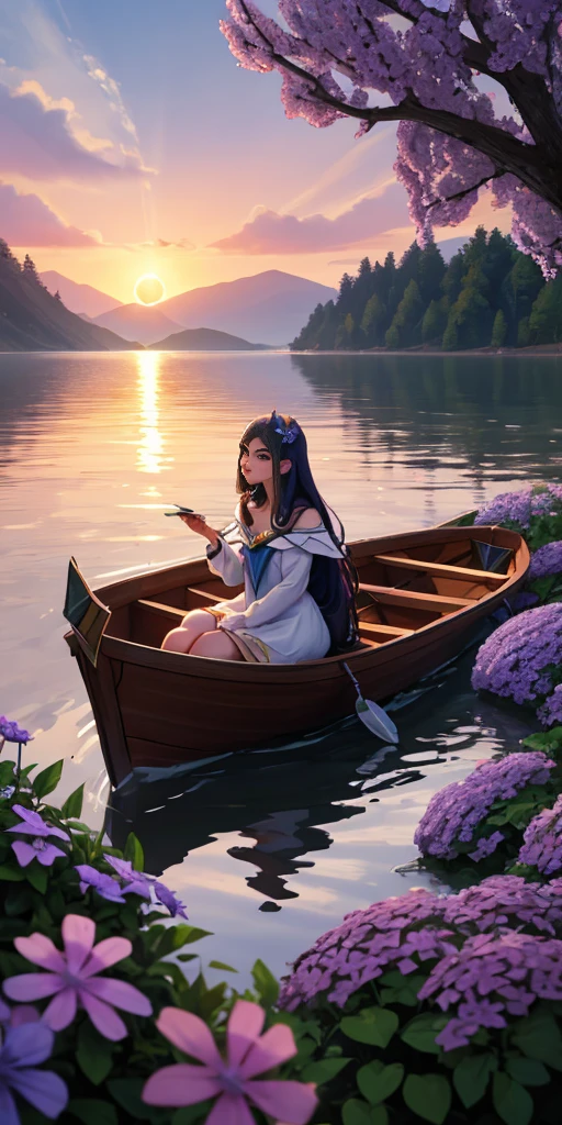 Calm spring night landscape, amongst lush greenery, beautiful view, creeping phlox in full bloom, creeping phlox, sunrise sky, beautiful clouds, dappled sunlight, outdoors, Tranquil Lake, Soraka sitting inside Boat on a Lake, depth of field, masterpiece, best quality, ultra-detailed, very aesthetic, illustration, perfect composition, intricate details, absurdres, moody lighting, wisps of light divine ✨️, perfect lighting illustration illumination
