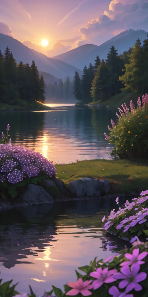 Calm spring night landscape, amongst lush greenery, beautiful view, creeping phlox in full bloom, creeping phlox, sunrise sky, beautiful clouds, dappled sunlight, outdoors, Tranquil Lake, Soraka sitting inside Boat on a Lake, depth of field, masterpiece, best quality, ultra-detailed, very aesthetic, illustration, perfect composition, intricate details, absurdres, moody lighting, wisps of light divine ✨️, perfect lighting illustration illumination
