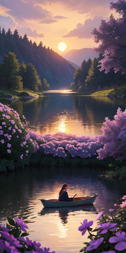 Calm spring night landscape, amongst lush greenery, beautiful view, creeping phlox in full bloom, creeping phlox, sunrise sky, beautiful clouds, dappled sunlight, outdoors, Tranquil Lake, Soraka sitting inside Boat on a Lake, depth of field, masterpiece, best quality, ultra-detailed, very aesthetic, illustration, perfect composition, intricate details, absurdres, moody lighting, wisps of light divine ✨️, perfect lighting illustration illumination
