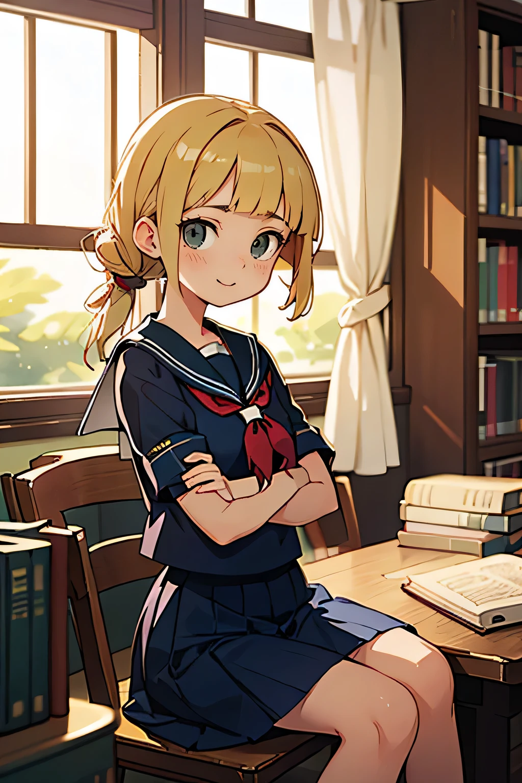 ((masterpiece,highest quality, High resolution)), One girl, alone, Green Eyes, Long blonde hair tied with a blue ribbon, Blunt bangs, Sitting, Arms folded on the table, Sleep arm in arm, , white serafuku, Red Sailor Collar, Short sleeve, White pleated skirt, (In the library), Dramatic Light, Next to the window, afternoon light through the window, afternoon, Bokeh effect