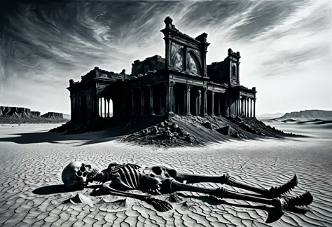 desert, sand, ruins, bones, dryness, mirage, heat, death, antiquity, mystery, minimalism, charcoal, clarity, modern art, in deta...