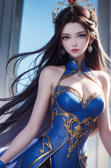 1woman, blue suit, as queen, crown, angry, red eyes, white long hair,