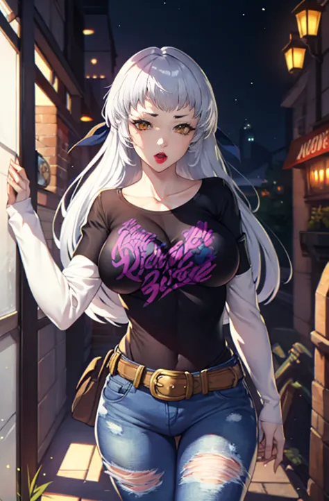 micaiah fe, 1girl, solo, standing, black t-shirt, white shirt, blue jeans, belt, lipstick, large breasts, layered sleeves