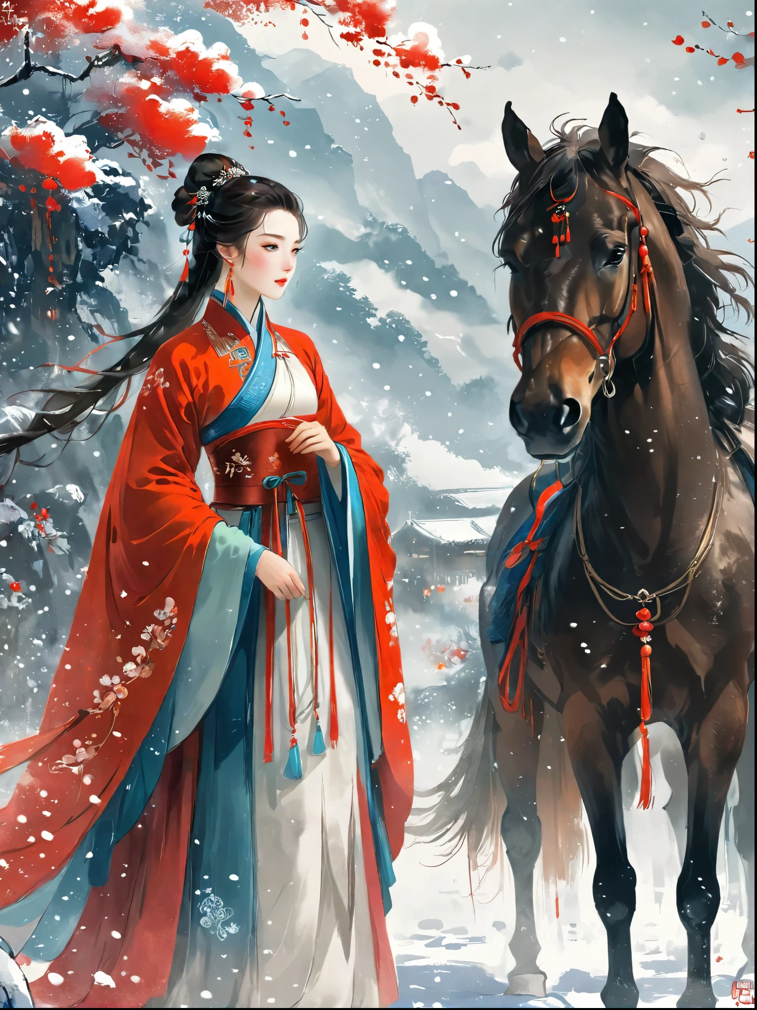 Masterpieces，Highest quality，Fine details，Chinese style，Peerless Beauty，delicate and charming，heavy snow，Lead the horse，wilderness，Red Cape，Hanfu，winter，Northern scenery，Yanzhi grows snow and flowers，The eyebrows are haggard and the beard is not，Movie Light，Dramatic perspective，diagonal composition，Close-up，Film Grain