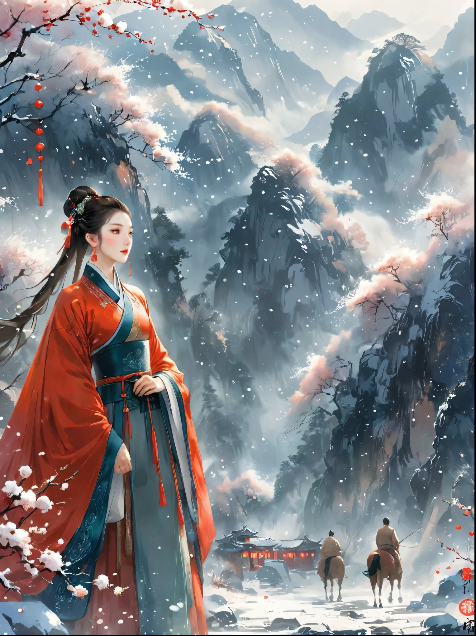 Masterpieces，Highest quality，Fine details，Chinese style，Peerless Beauty，delicate and charming，heavy snow，Lead the horse，wilderness，Red Cape，Hanfu，winter，Northern scenery，Yanzhi grows snow and flowers，The eyebrows are haggard and the beard is not，Movie Light，Dramatic perspective，diagonal composition，Close-up，Film Grain