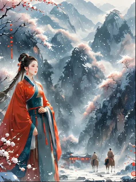 Masterpieces，Highest quality，Fine details，Chinese style，Peerless Beauty，delicate and charming，heavy snow，Lead the horse，wilderne...