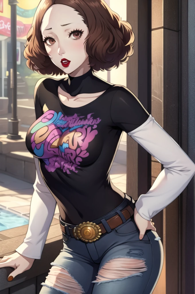 Haru okumura, brown hair, 1girl, solo, standing, black t-shirt, white shirt, jeans, belt, lipstick,large breasts