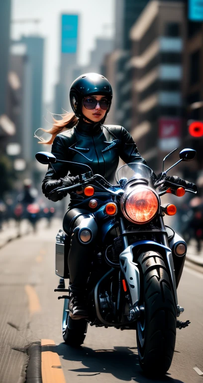 Ein weiblicher Cyborg fährt auf einem Hightech-Motorrad auf der Straße
