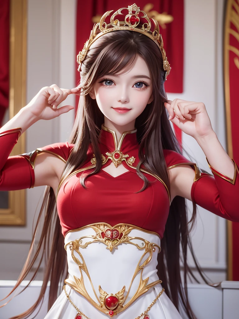 1woman, red suit, as queen, crown, smile, red eyes, white long hair,