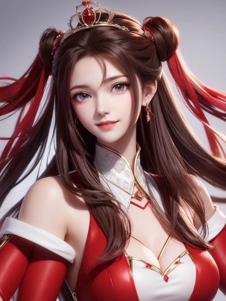 1woman, red suit, as queen, crown, smile, red eyes, white long hair,