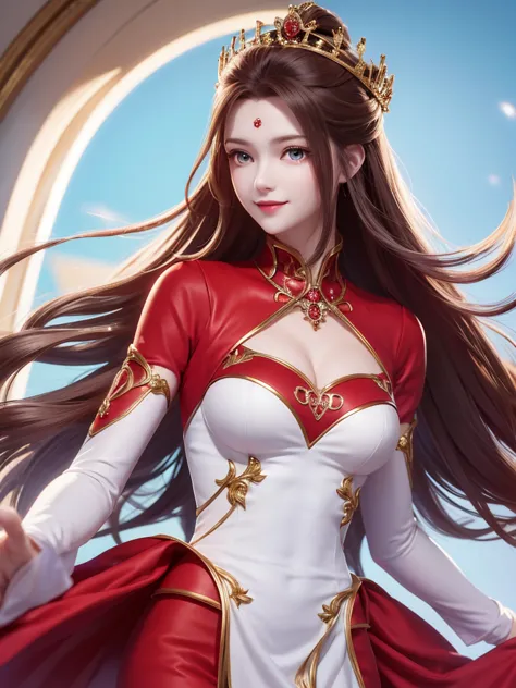 1woman, red suit, as queen, crown, smile, red eyes, white long hair,