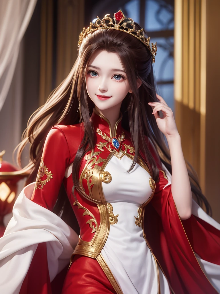 1woman, red suit, as queen, crown, smile, red eyes, white long hair,