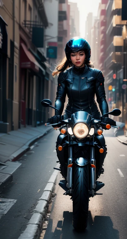 A female cyborg riding a high-tech motorcycle on the street, best quality, high quality, magnificent body, beautiful anatomy, (natural skin textures, hyperrealistic, soft light, spicy:1.2)