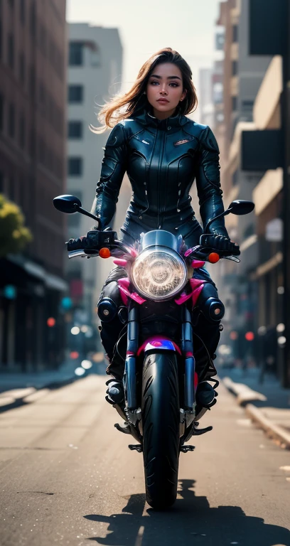 첨단 오토바이를 타고 거리를 달리는 여성 사이보그, 최고의 품질, 고품질, 웅장한 몸매, 아름다운 해부학, (자연스러운 피부 질감, 초현실적, 부드러운 빛, 매운:1.2)