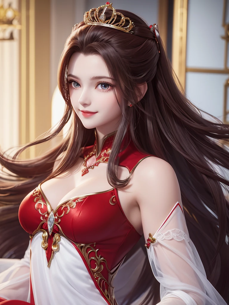 1woman, red suit, as queen, crown, smile, red eyes, white long hair,