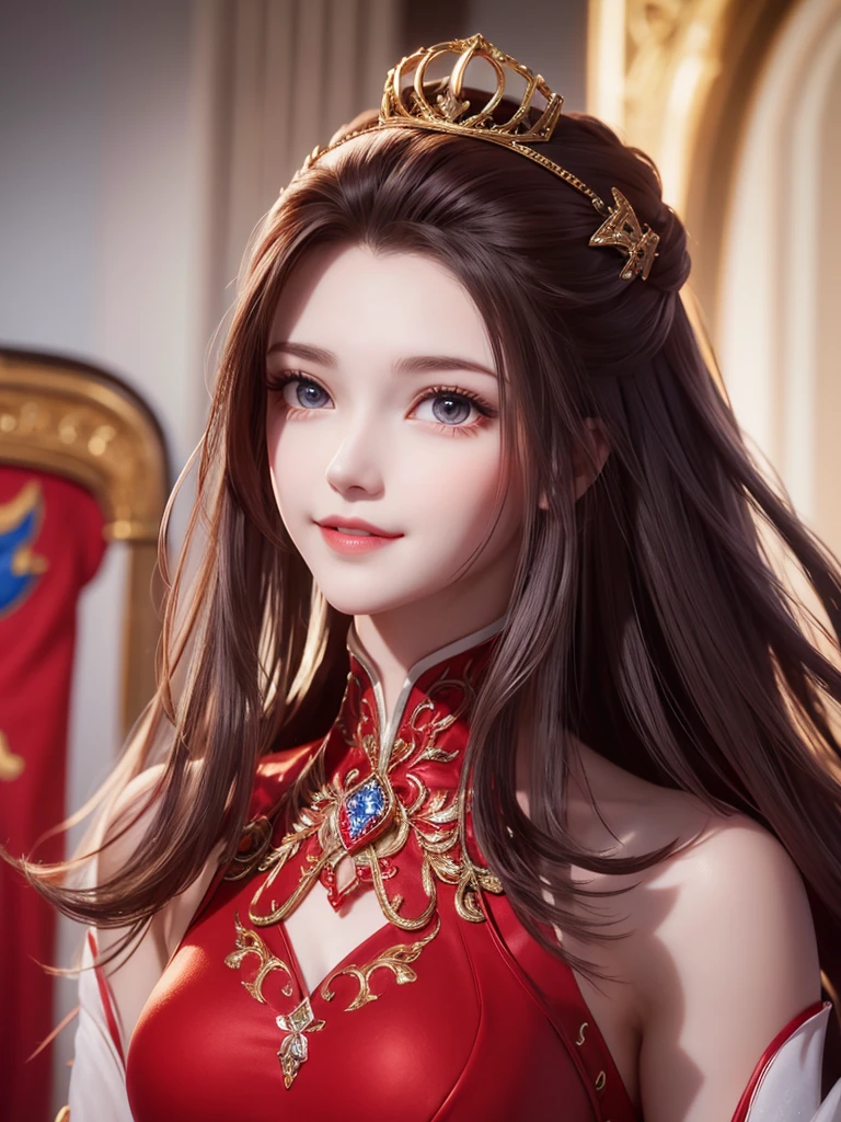 1woman, red suit, as queen, crown, smile, red eyes, white long hair,