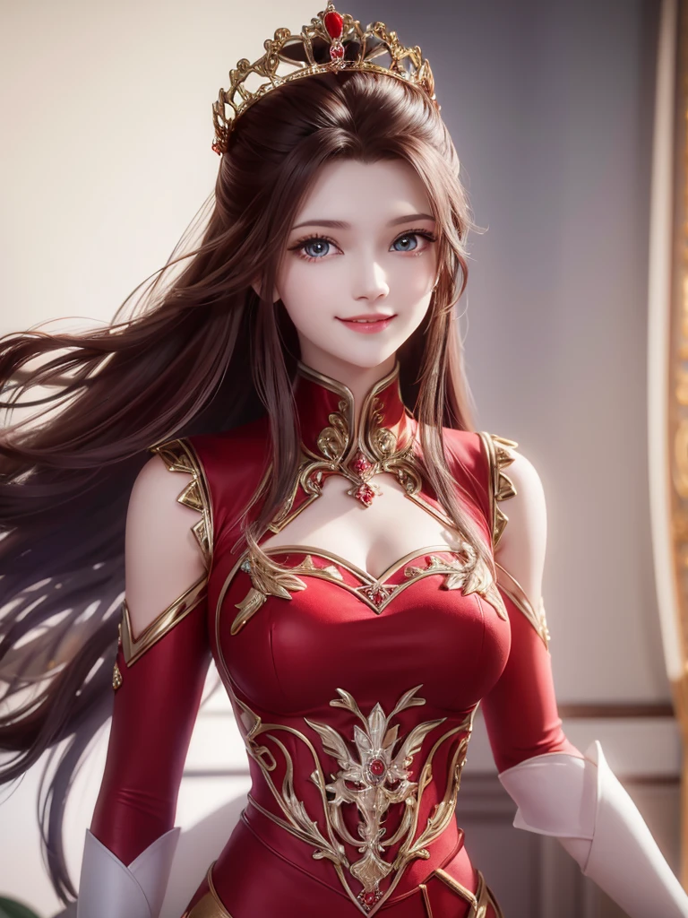 1woman, red suit, as queen, crown, smile, red eyes, white long hair,