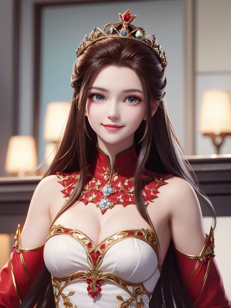 1woman, red suit, as queen, crown, smile, red eyes, white long hair,