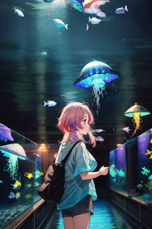 jellyfish、光るjellyfish、aquarium、tropical fish、colorfulな魚、girl、in the water、spreading hair、aquarium、light pink transparent hair co...